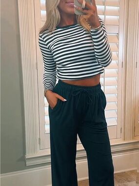 Striped charcoal grey and white Long Sleeve Top with charcoal Pants